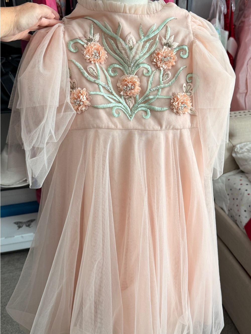 Tutu Du Monde Peach Tulle Dress with Mint Floral Embroidery